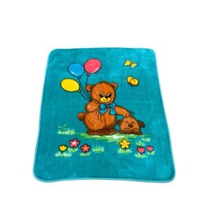 Baby Mink Blanket Teddy Bear Dog Balloons Plush Blue Teal Colorful Warm Vintage